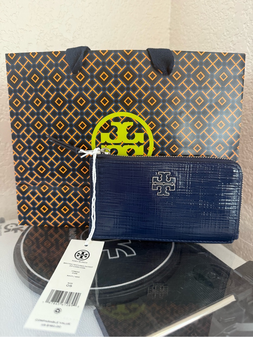 Tory Burch Navy Patent Zip Around Wallet with Logo